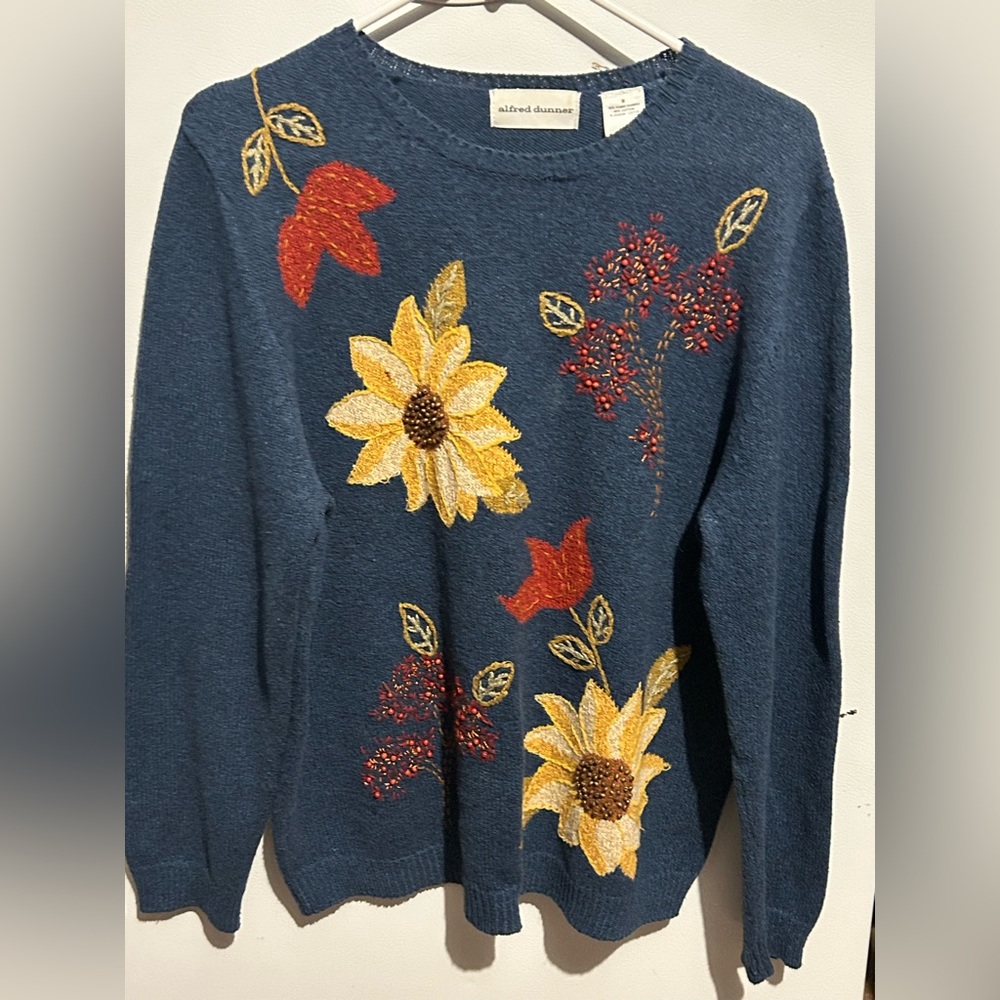 Vtg Alfred dunner Womens Navy Blue Autumn Sunflower Pullover Sweater cotton M